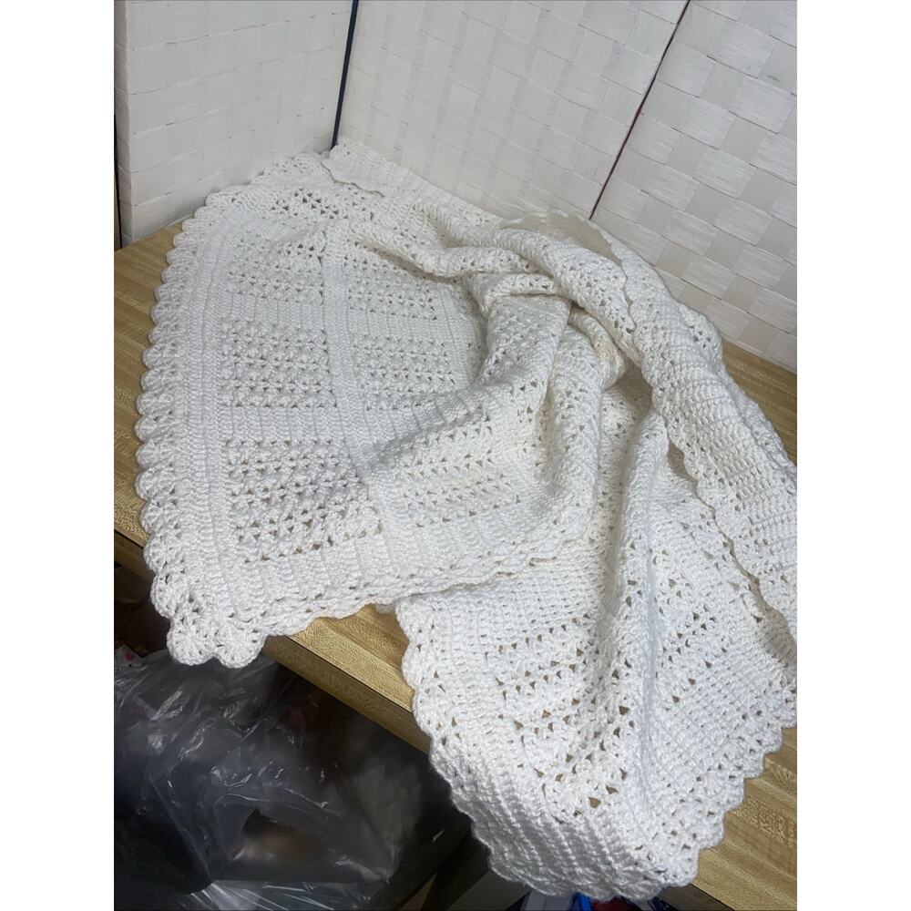 Handmade New Crochet Baby Blanket Boy Or Girl Solid White 57” x 43” - Picture 6 of 6